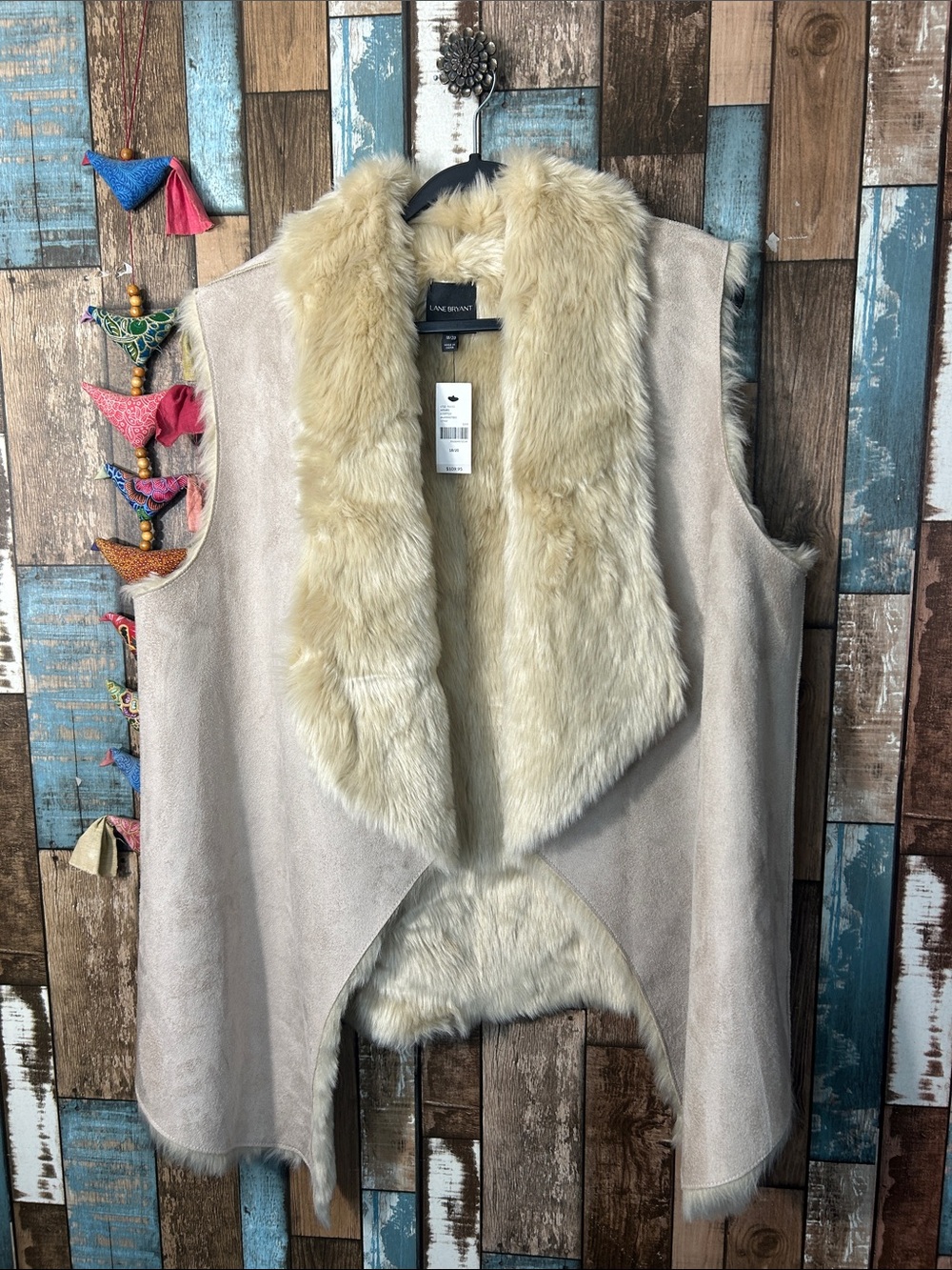 Lane Bryant Beige Faux-Suede Vest with Plush Faux-Fur Collar